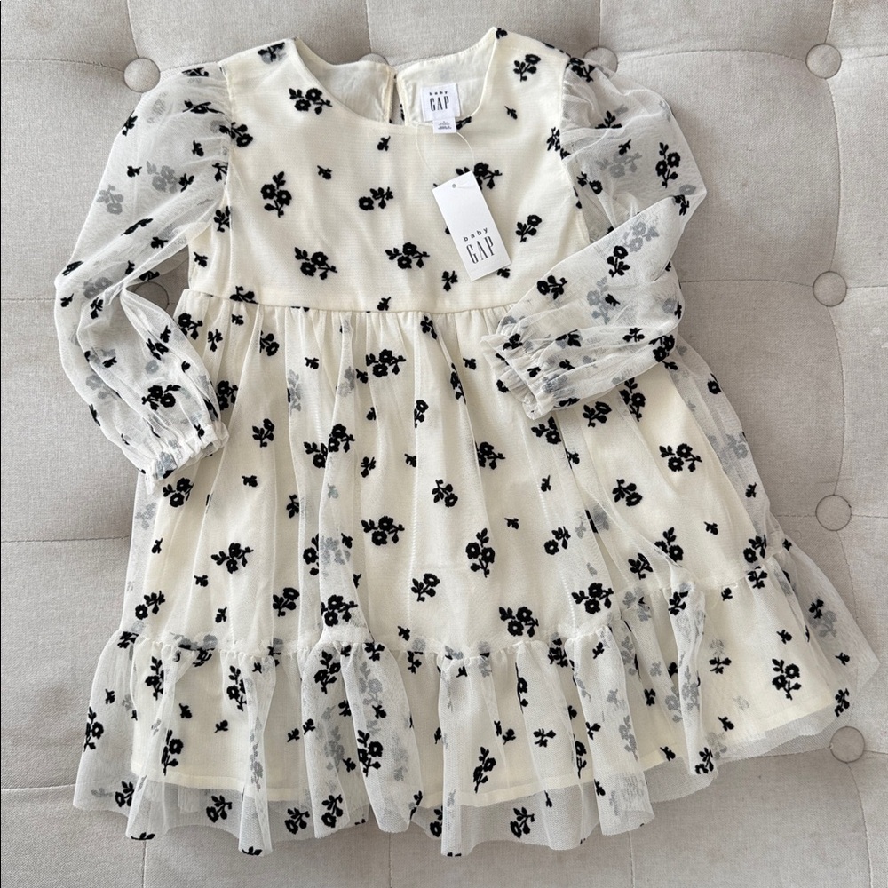 NWT — GAP Long Sleeve Ivory Tulle Dress with Black Floral Design